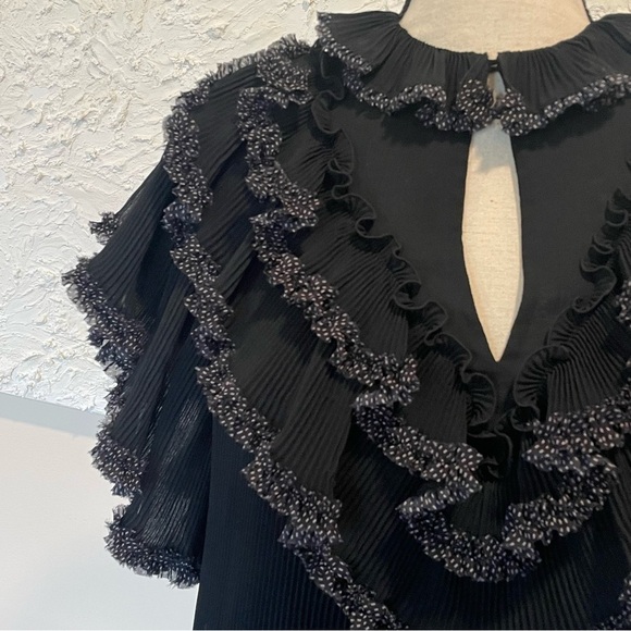 See by Chloe Polka Dot Ruffle Plissé Georgette Shift Dress Black Sz EU 34 US 0-2 - Picture 4 of 12